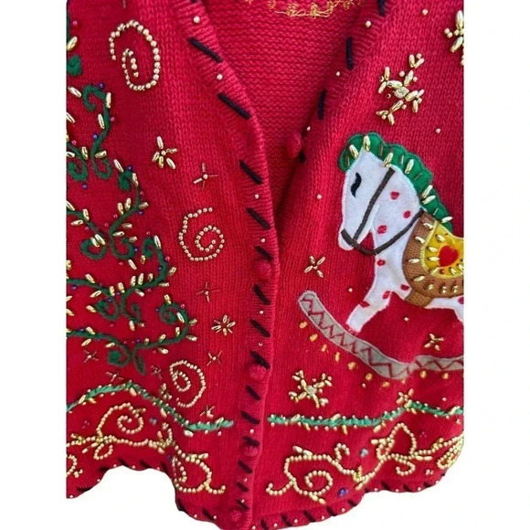 Segue Women's Red‎ Christmas Gold Beaded Rocking Horse Sweater Vest Size Large - Picture 7 of 8